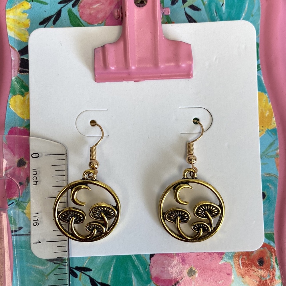 Mushroom & Moon Gold Tone Earrings - Picture 2 of 2